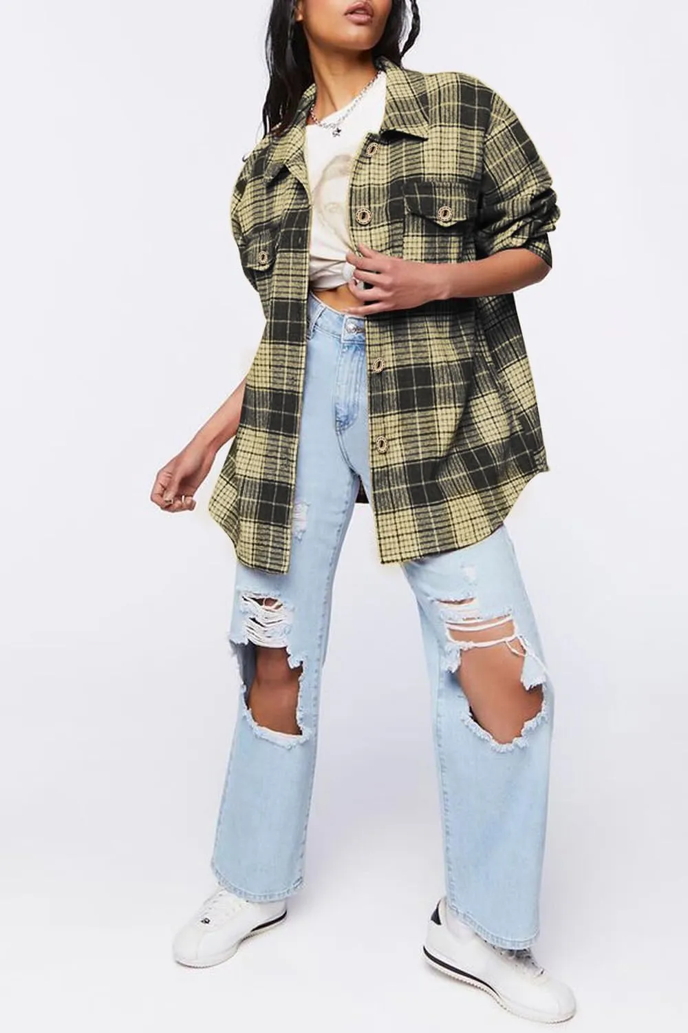 Womens Long Sleeve Plaid Shirts Flannel Collared Button Down Shackets Casual Rolled Up Boyfriend Blouses Tops