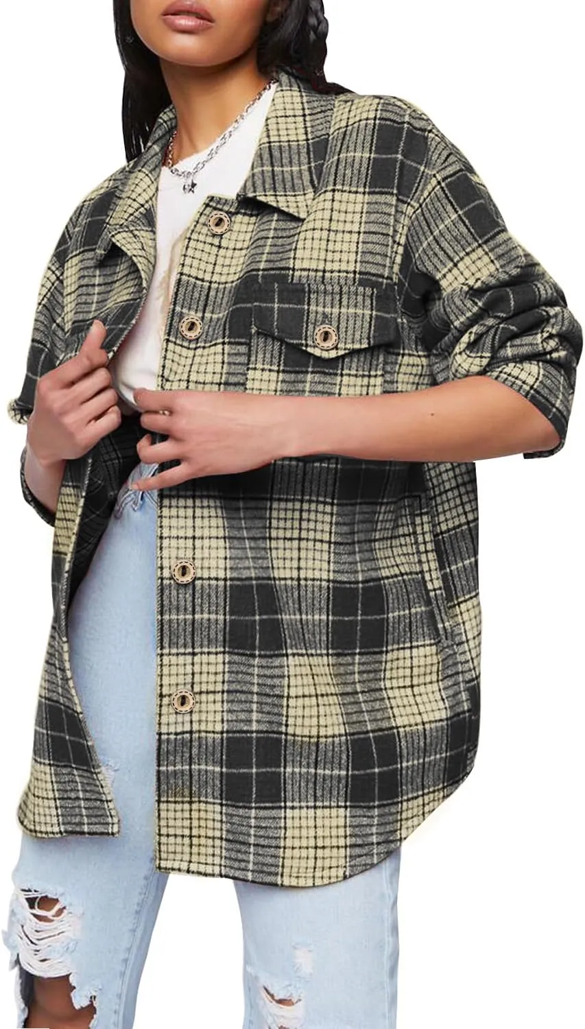 Womens Long Sleeve Plaid Shirts Flannel Collared Button Down Shackets Casual Rolled Up Boyfriend Blouses Tops