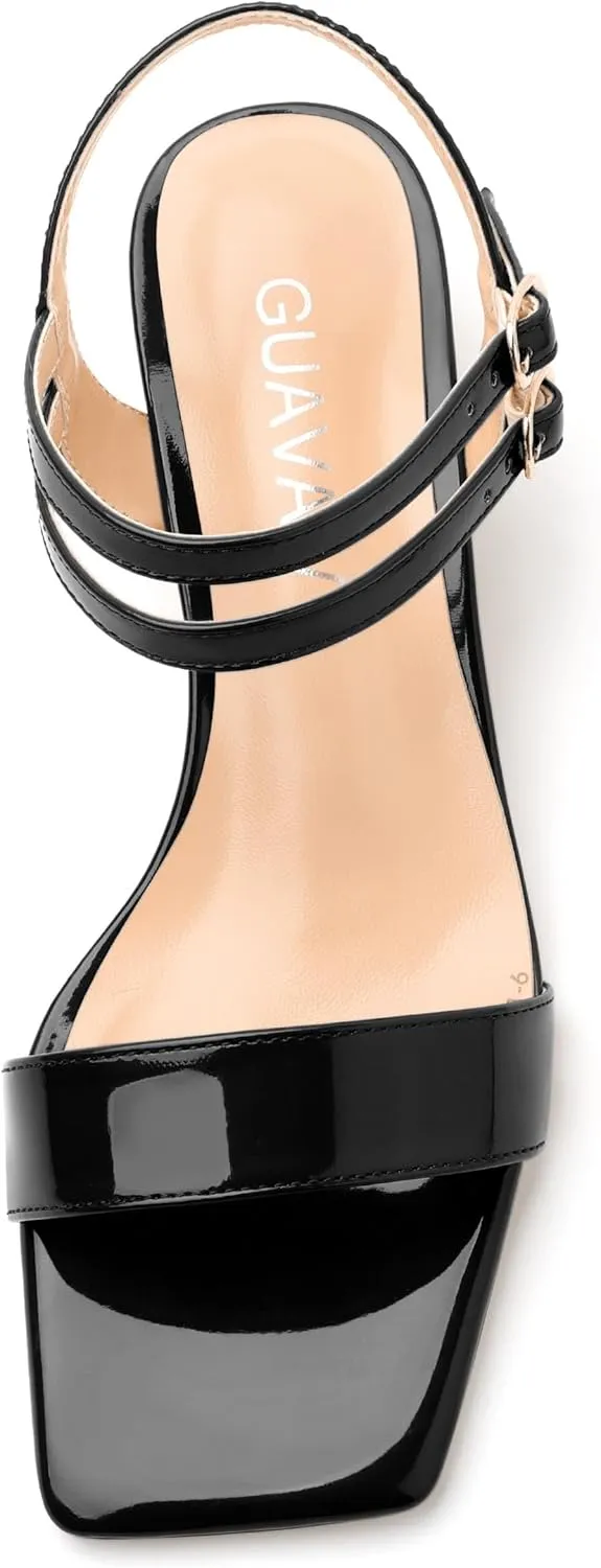 Women's Low Heel Sandals - Open Square Toe with Adjustable Ankle Strap, Solid Color Casual Heeled Sandals for Work & Daily Outings