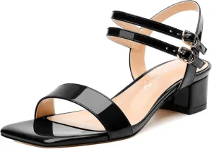 Women's Low Heel Sandals - Open Square Toe with Adjustable Ankle Strap, Solid Color Casual Heeled Sandals for Work & Daily Outings