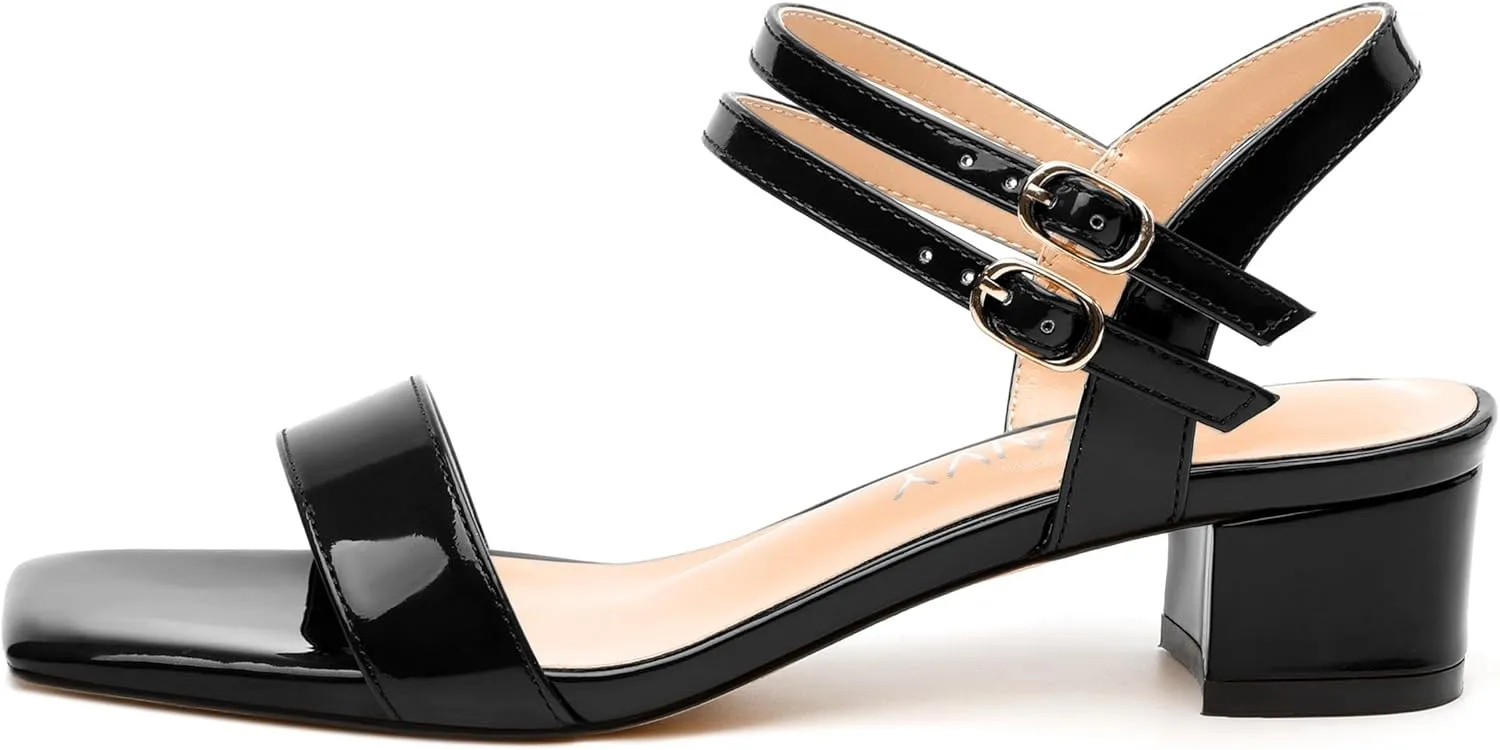 Women's Low Heel Sandals - Open Square Toe with Adjustable Ankle Strap, Solid Color Casual Heeled Sandals for Work & Daily Outings