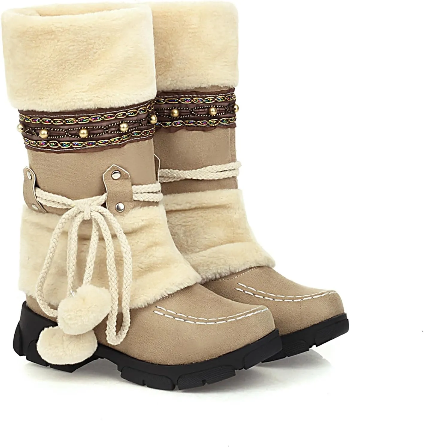 Women's Mid-Calf Slip On Winter Snow Boots, Classic Round Toe Suede Faux Fur Cozy Warm Comfortable Winter Booties Low Heel Hairball Flat Soled Shoes