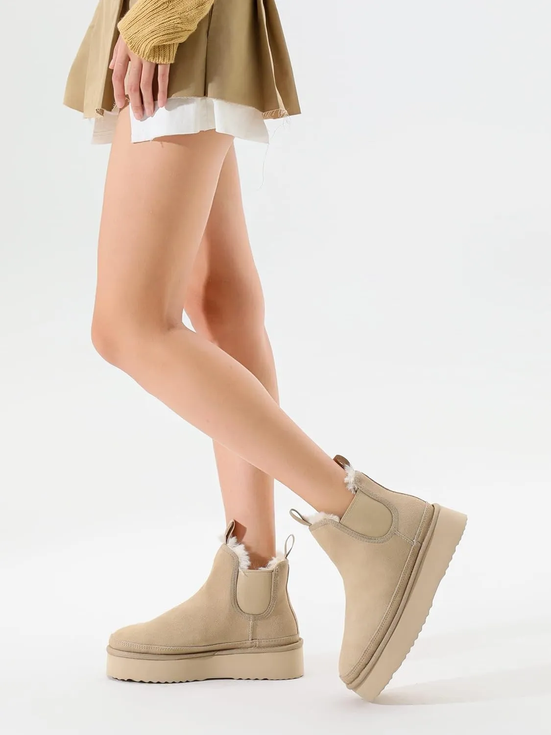 Women's Mini Snow Boots Platform Chelsea Winter Warm Faux Fur Lined Suede Indoor Outdoor Anti-Slip Classic Comfortable Flat Ankle Bootie