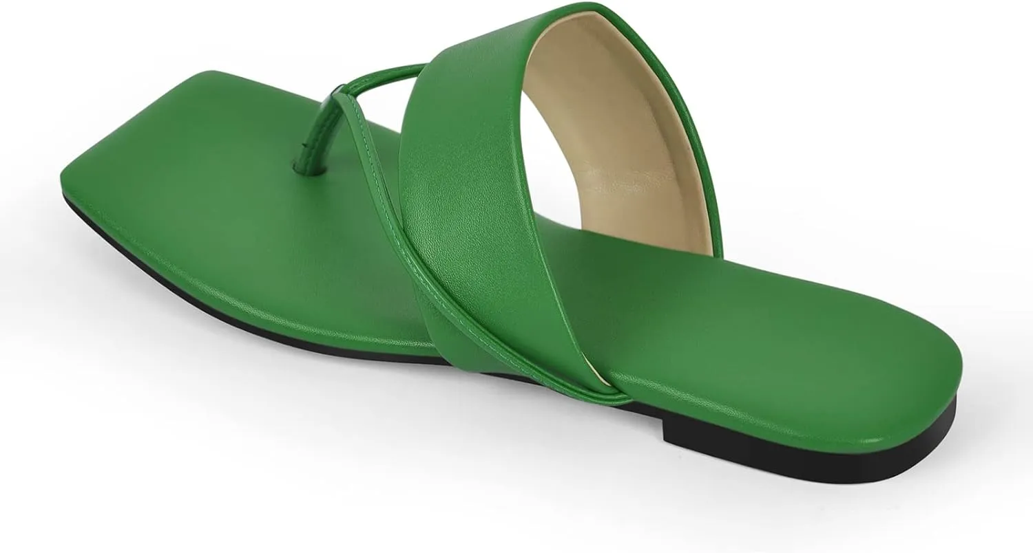 Women’s Open Clip Toe Slip on Flat Sandals Square Toe Summer Beach Strappy Flats Sandals Outdoor Indoor