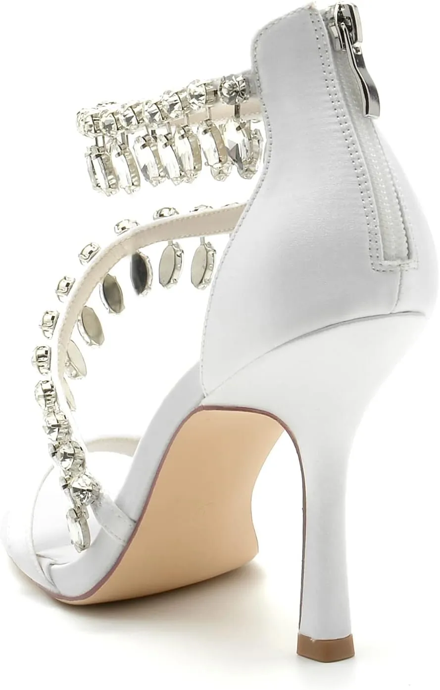 Women's Open Toe Wedding Bridal Shoes Rhinestones High Heels Sandals Ankle Strap Crystal Formal Evening Prom Party Dress Shoes Pumps