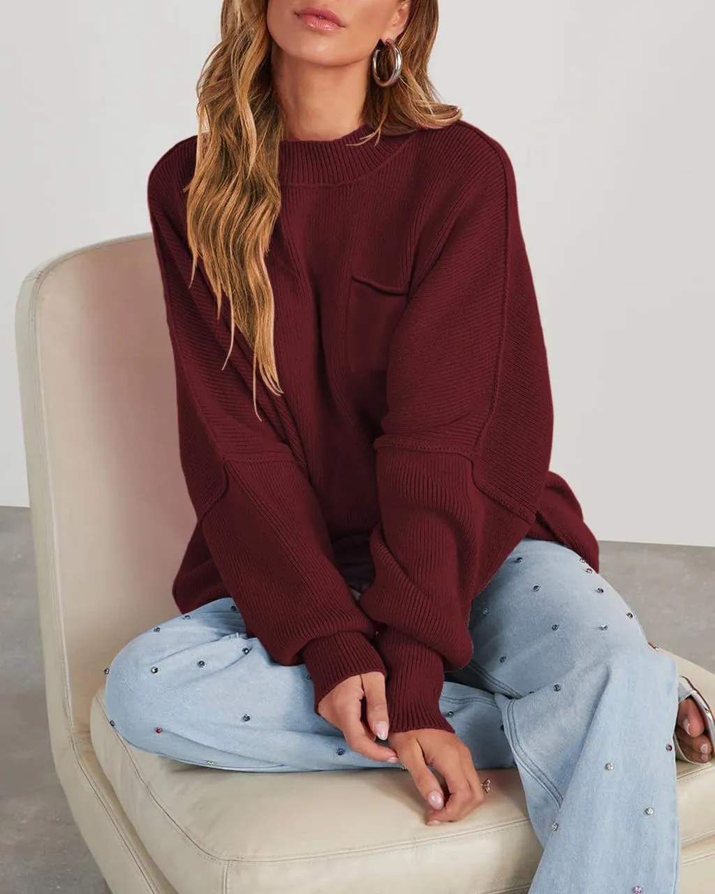 Women's Oversized Sweaters 2025 Crewneck Long Sleeve Ribbed Knit Batwing Pullover Tops