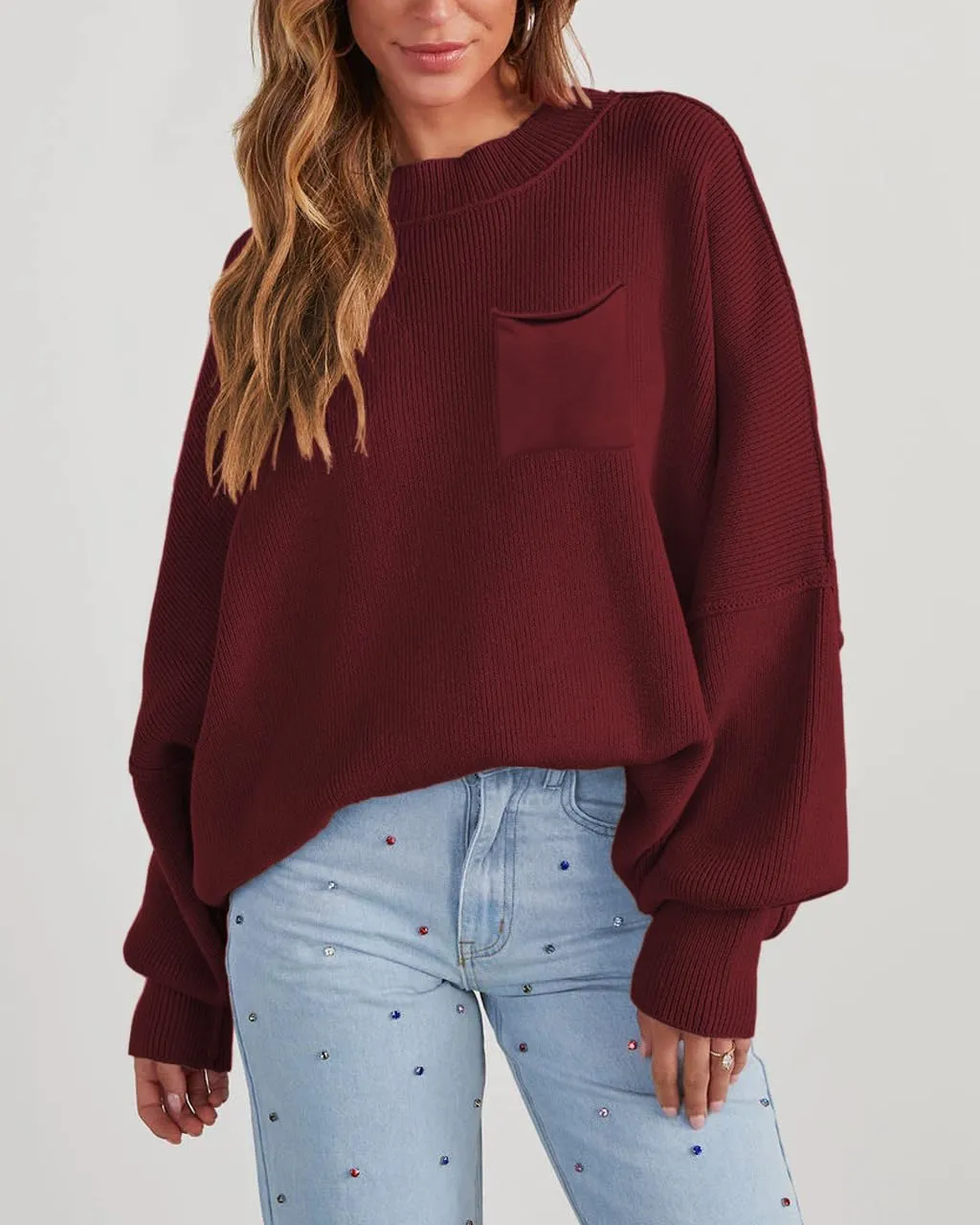 Women's Oversized Sweaters 2025 Crewneck Long Sleeve Ribbed Knit Batwing Pullover Tops