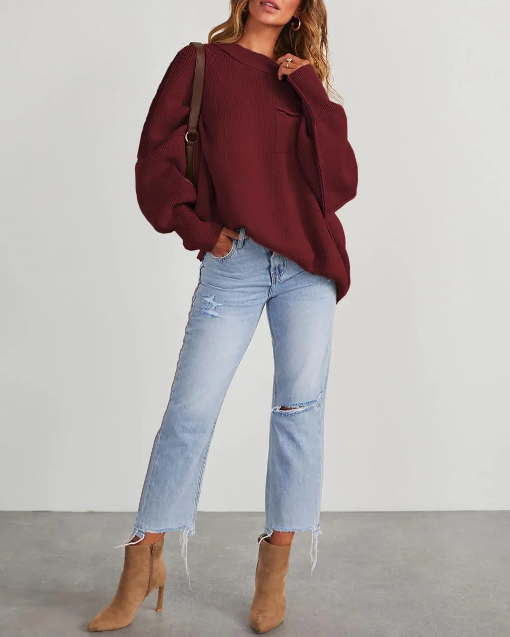 Women's Oversized Sweaters 2025 Crewneck Long Sleeve Ribbed Knit Batwing Pullover Tops