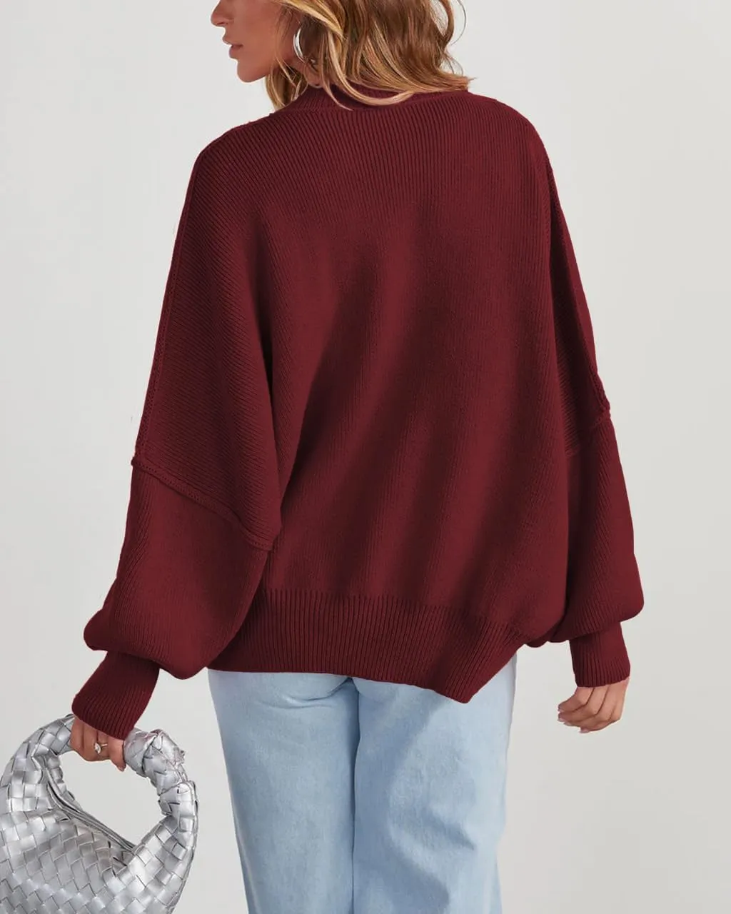 Women's Oversized Sweaters 2025 Crewneck Long Sleeve Ribbed Knit Batwing Pullover Tops