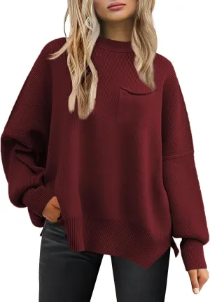 Women's Oversized Sweaters 2025 Crewneck Long Sleeve Ribbed Knit Batwing Pullover Tops