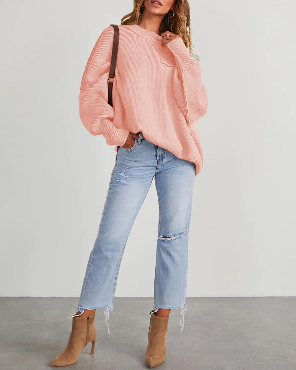 Women's Oversized Sweaters 2025 Crewneck Long Sleeve Ribbed Knit Batwing Pullover Tops