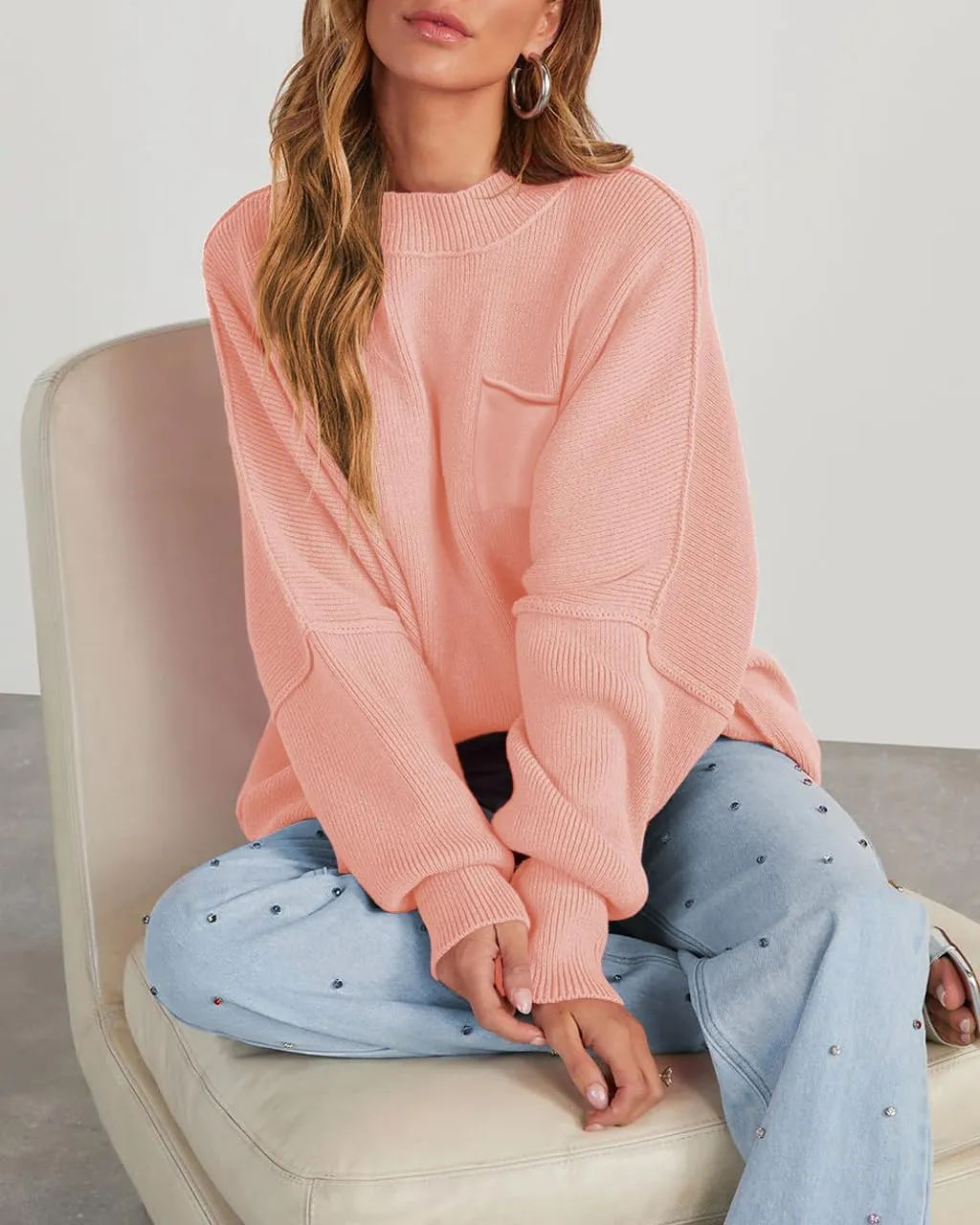 Women's Oversized Sweaters 2025 Crewneck Long Sleeve Ribbed Knit Batwing Pullover Tops
