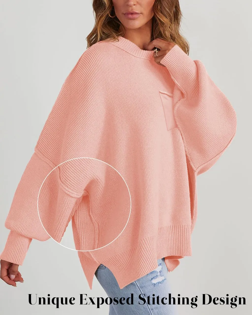 Women's Oversized Sweaters 2025 Crewneck Long Sleeve Ribbed Knit Batwing Pullover Tops
