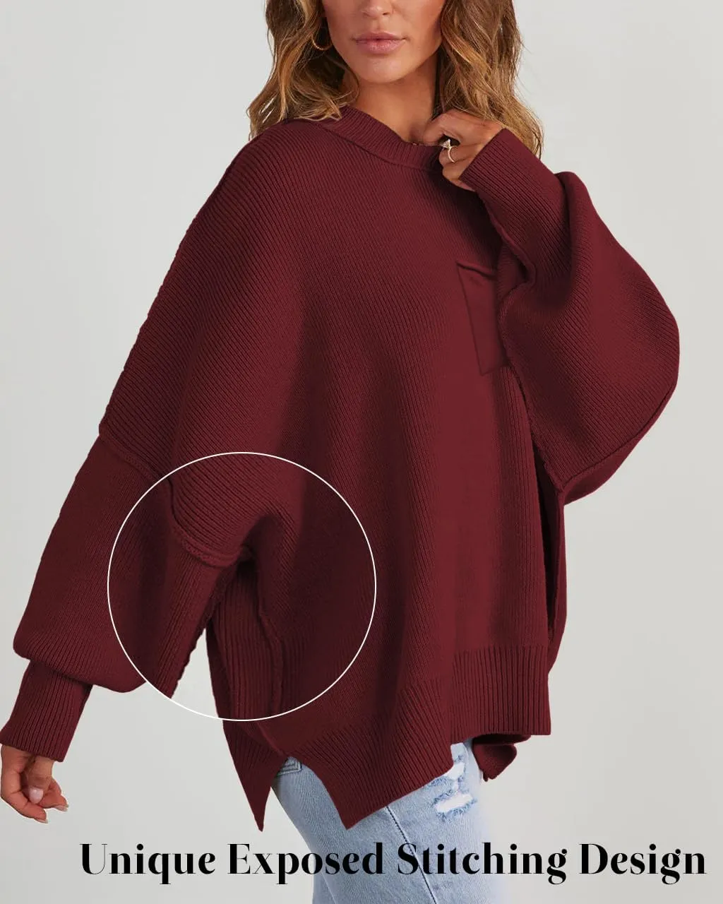 Women's Oversized Sweaters 2025 Crewneck Long Sleeve Ribbed Knit Batwing Pullover Tops