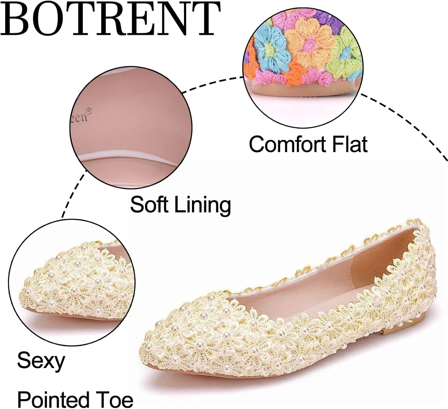 Women's Pearl Lace Slip-On Ballet Flats Pointed Toe Pumps Breathable Comfortable Dress Wedding Shoes for Party Evening Dating