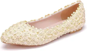 Women's Pearl Lace Slip-On Ballet Flats Pointed Toe Pumps Breathable Comfortable Dress Wedding Shoes for Party Evening Dating