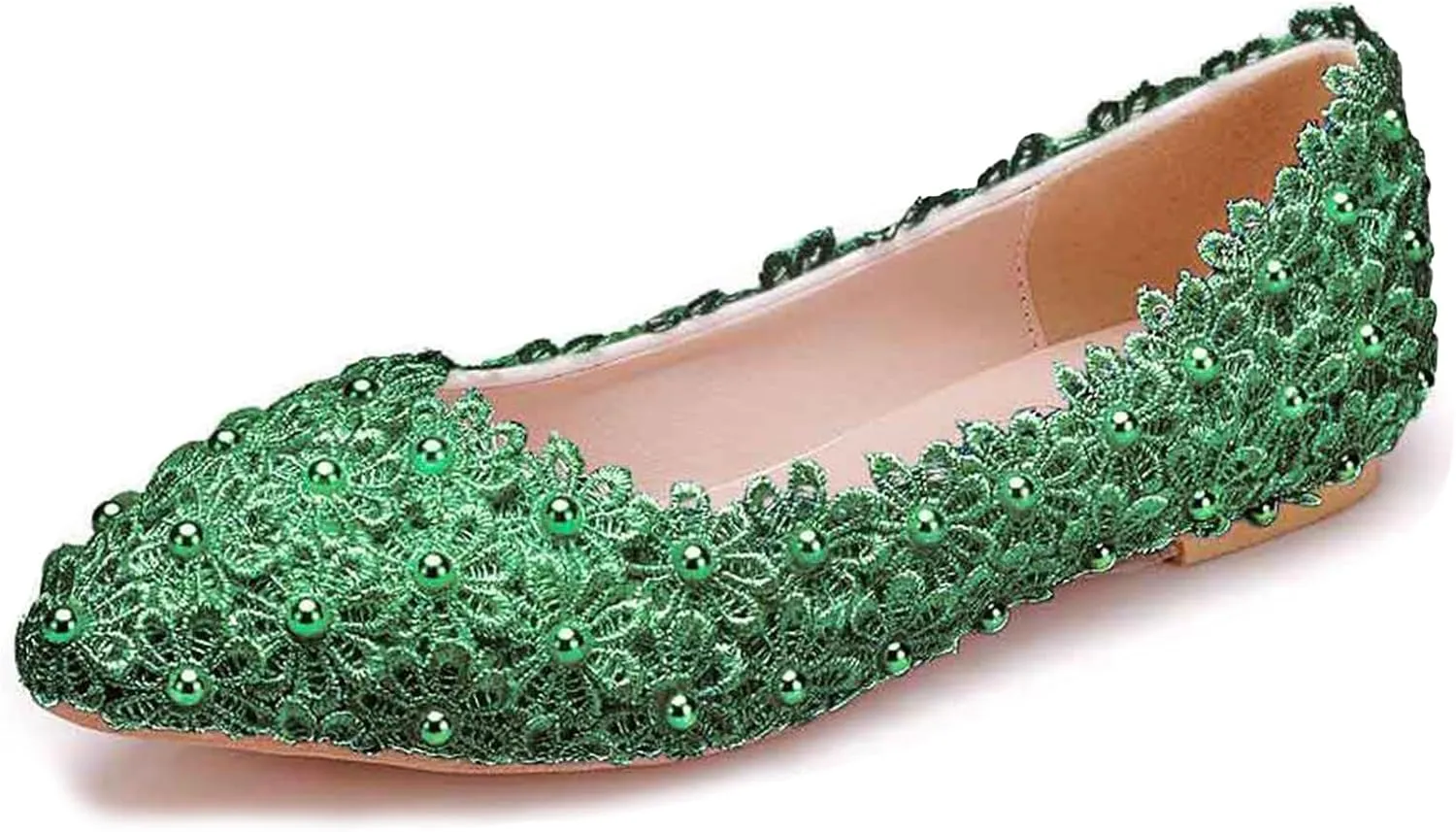 Women's Pearl Lace Slip-On Ballet Flats Pointed Toe Pumps Breathable Comfortable Dress Wedding Shoes for Party Evening Dating