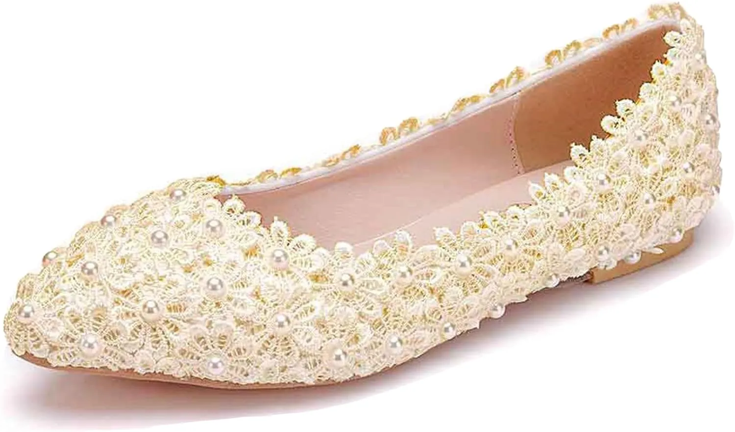 Women's Pearl Lace Slip-On Ballet Flats Pointed Toe Pumps Breathable Comfortable Dress Wedding Shoes for Party Evening Dating