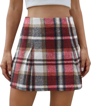 Women's Plaid Mini Skirt Zipper Side High Waisted Pleated A Line Short Skirt