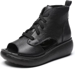 Women's Platform Leather Casual open toe Wedge Sandals,Comfort Breathable Slip-On Hollow Out Lace Up Roman Sandals,Lightweight Round Toe High Top Walking Dress Shoes