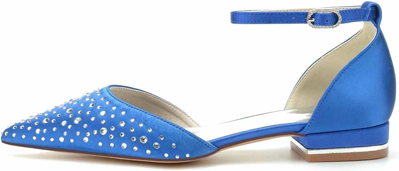 Women's Pointed Toe Bridal Flats Cryatal Pumps Satin Wedding Flats Shoes for Bride Evening Prom Party Dress Flats Pumps Sandals