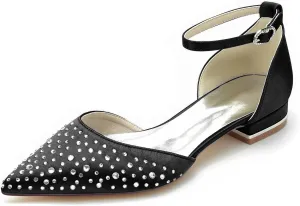Women's Pointed Toe Bridal Flats Cryatal Pumps Satin Wedding Flats Shoes for Bride Evening Prom Party Dress Flats Pumps Sandals