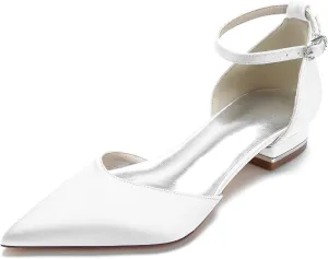 Women's Pointed Toe Bridal Pumps Satin Flats Ankle Strap Wedding Flats Prom Evening Party Dress Pumps for Bride