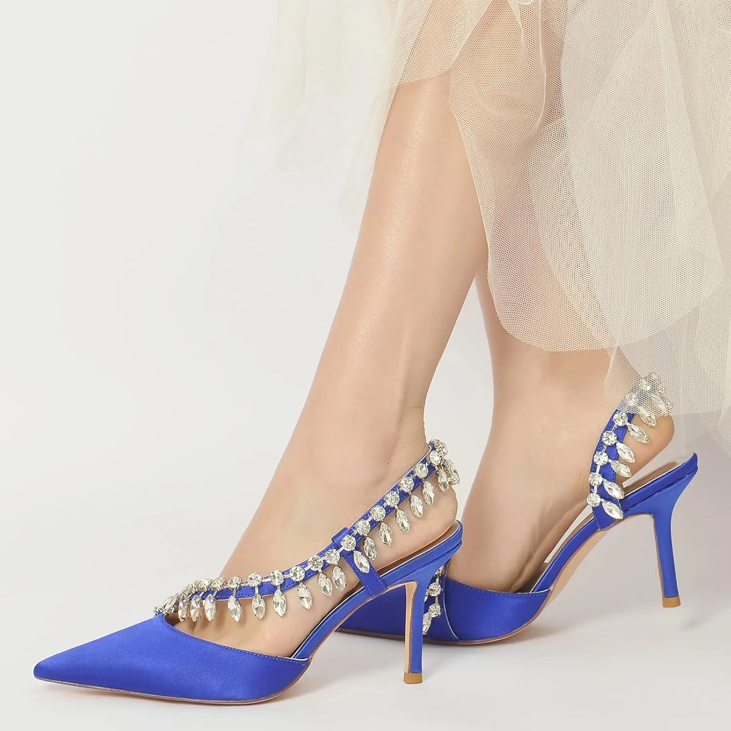 Women's Pointed Toe Crystal High Heels Satin Slingback Wedding Shoes Evening Party Comfort Flats Sandals for Bride