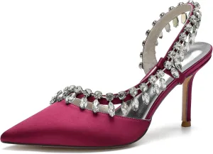Women's Pointed Toe Crystal High Heels Satin Slingback Wedding Shoes Evening Party Comfort Flats Sandals for Bride
