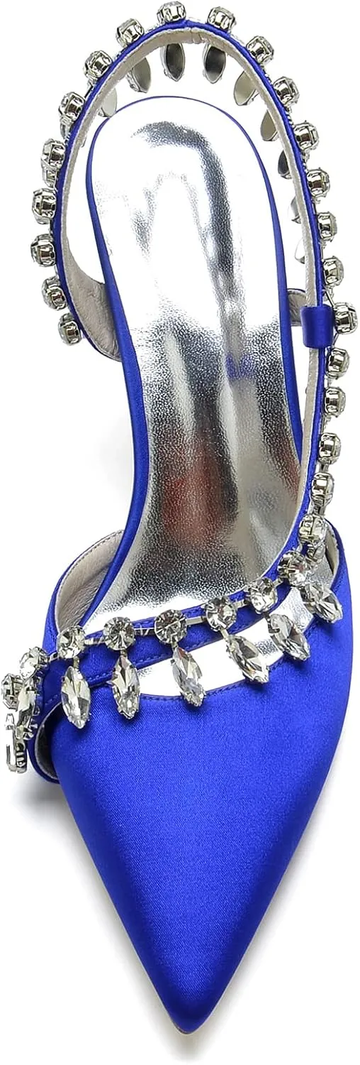 Women's Pointed Toe Crystal High Heels Satin Slingback Wedding Shoes Evening Party Comfort Flats Sandals for Bride