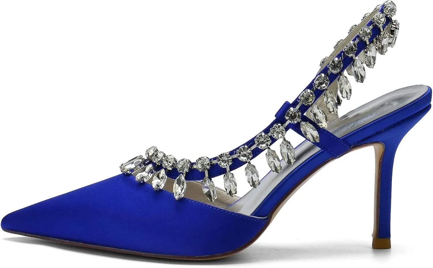 Women's Pointed Toe Crystal High Heels Satin Slingback Wedding Shoes Evening Party Comfort Flats Sandals for Bride