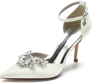 Women's Pointed Toe High Heels Bridal Pumps Rhinestones Satin Heeled Wedding Shoes for Bride Prom Party Dress Shoes Sandals