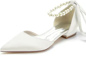 Women's Pointed Toe Pumps Pearl Satin Wedding Shoes for Bride Flats Ankle Strap Bridal Shoes Formal Prom Party Dress Pumps Sandals