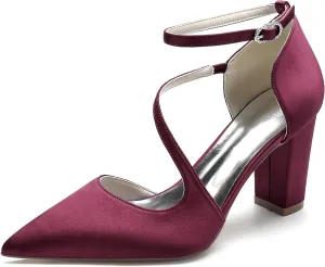 Women's Pointed Toe Satin Chunky Block High Heels Wedding Sandals Ankle Strap Dress Shoes Prom Party Pumps