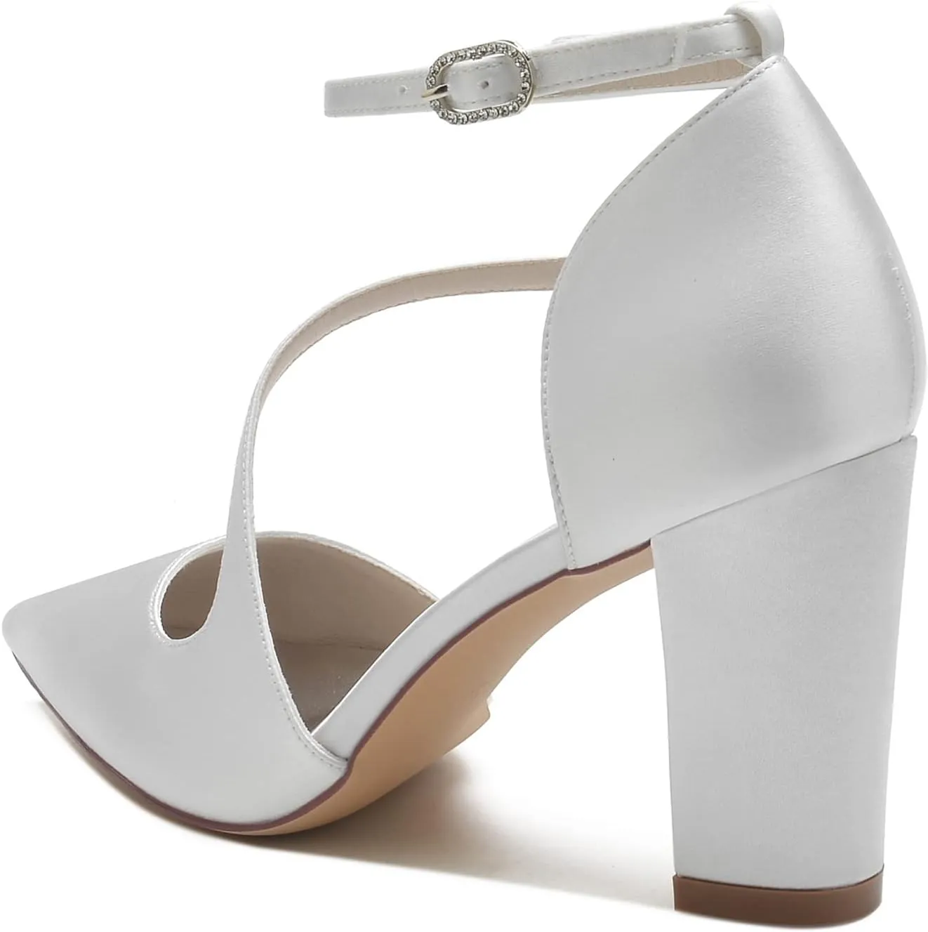 Women's Pointed Toe Satin Chunky Block High Heels Wedding Sandals Ankle Strap Dress Shoes Prom Party Pumps