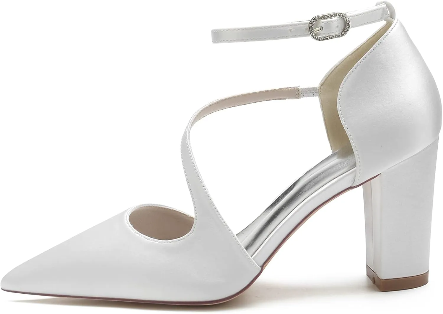 Women's Pointed Toe Satin Chunky Block High Heels Wedding Sandals Ankle Strap Dress Shoes Prom Party Pumps