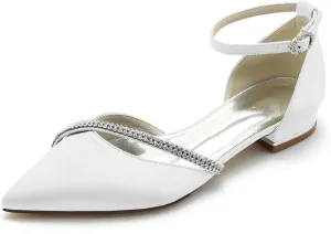 Women's Pointed Toe Satin Pumps Wedding Flats for Bride Crystal Bridal Shoes Prom Evening Bridal Party Dress Flats