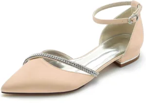 Women's Pointed Toe Satin Pumps Wedding Flats for Bride Crystal Bridal Shoes Prom Evening Bridal Party Dress Flats