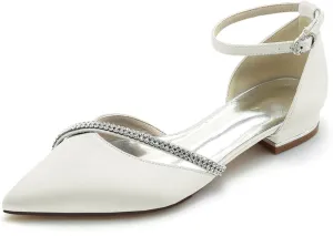 Women's Pointed Toe Satin Pumps Wedding Flats for Bride Crystal Bridal Shoes Prom Evening Bridal Party Dress Flats