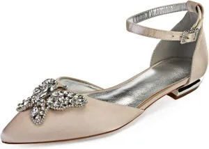 Women's Pointed Toe Wedding Flats for Bride Buckle Satin Wedding Bridal Shoes Formal Prom Party Dress Pumps