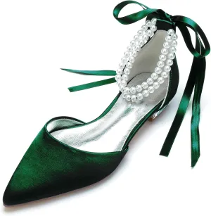 Women's Pointed Toe Wedding Flats for Bride Pearl Ankle Strap Satin Bridal Shoes Formal Prom Party Dress Pumps