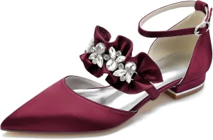 Women's Pointed Toe Wedding Flats Pumps for Bride Satin Rhinestones Ankle Strap Low Heels Evening Prom Dress Shoes