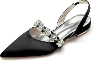 Women's Pointed Toe Wedding Flats Satin Rhinestones Slingback Bridal Shoes Comfortable Evening Prom Party Dress Shoes Pumps