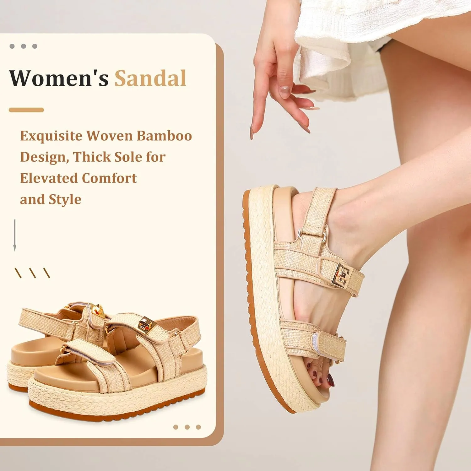Womens Raffia Platform Sandals Summer Beach Rattan Chunky Woven Platform Sandals with Adjustable Double Buckle