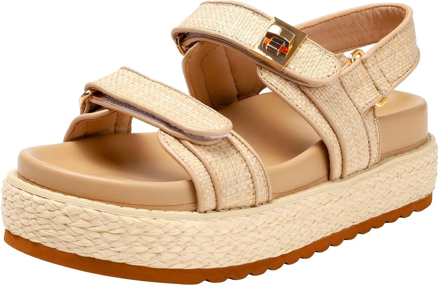 Womens Raffia Platform Sandals Summer Beach Rattan Chunky Woven Platform Sandals with Adjustable Double Buckle