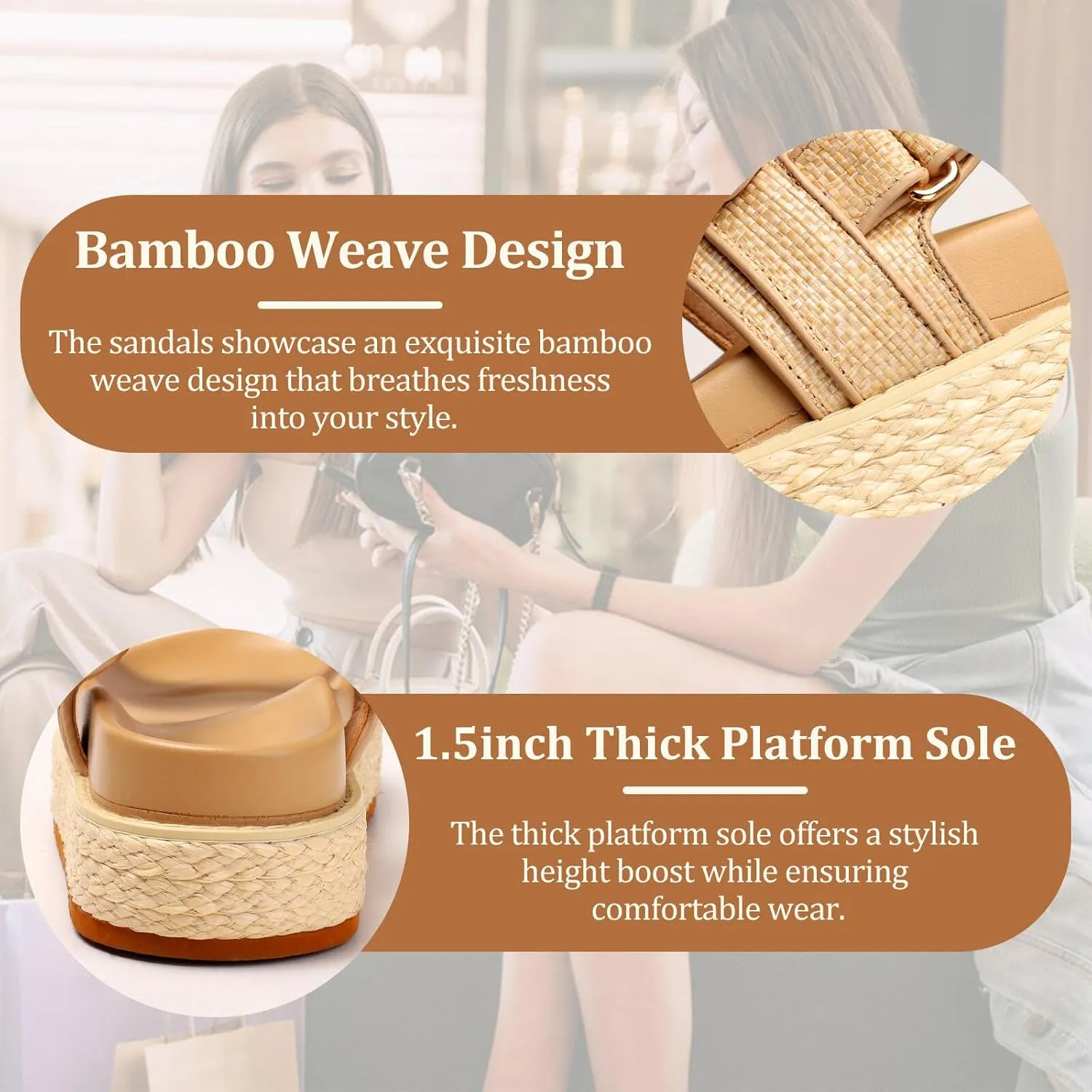 Womens Raffia Platform Sandals Summer Beach Rattan Chunky Woven Platform Sandals with Adjustable Double Buckle