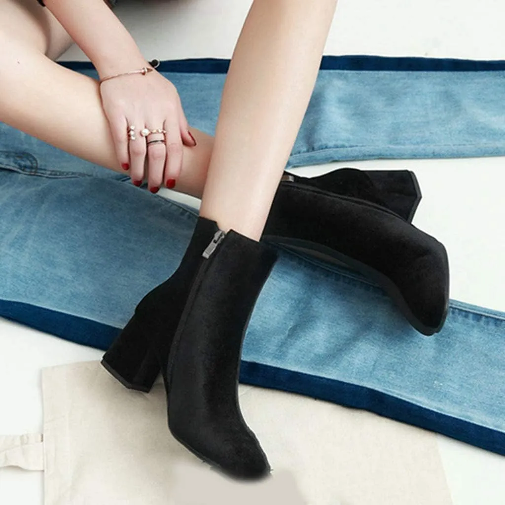 Women's Retro Dressy Ankle Boots Square Toe Zipper Velvet Lined Booties Chunky Mid Heel Short Boot