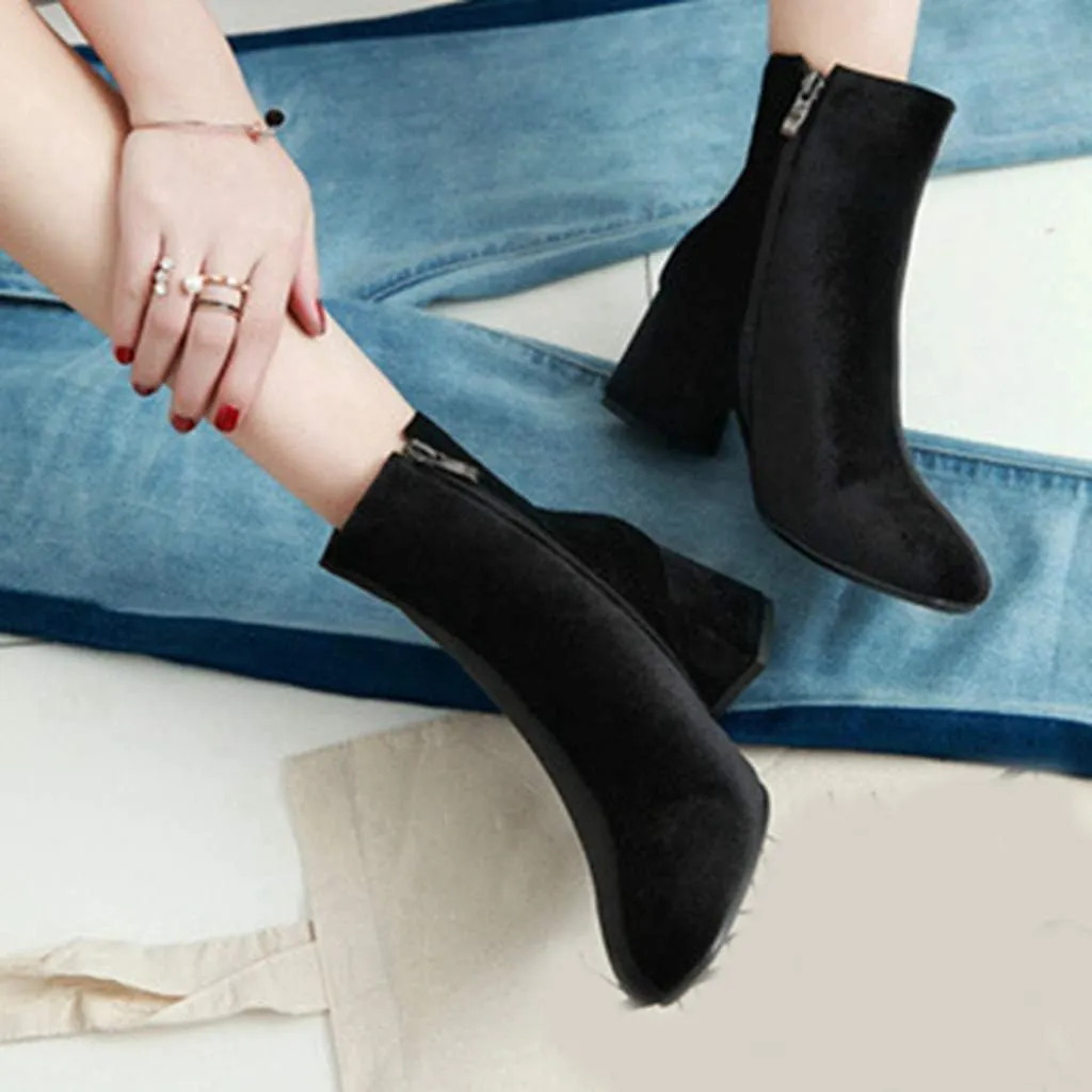 Women's Retro Dressy Ankle Boots Square Toe Zipper Velvet Lined Booties Chunky Mid Heel Short Boot
