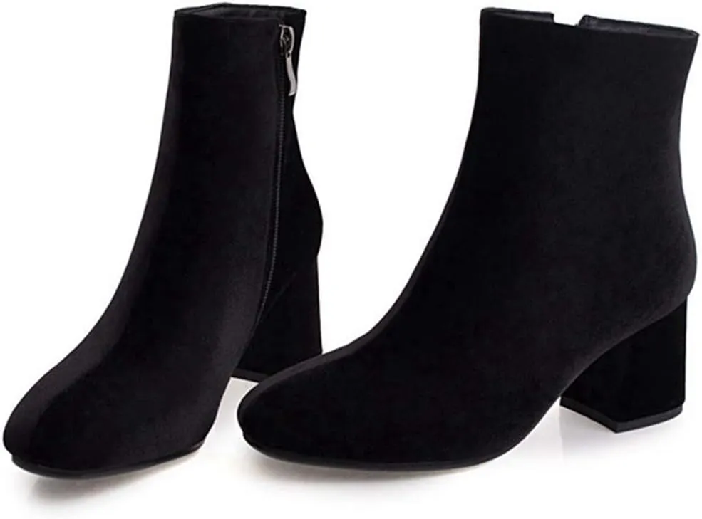 Women's Retro Dressy Ankle Boots Square Toe Zipper Velvet Lined Booties Chunky Mid Heel Short Boot