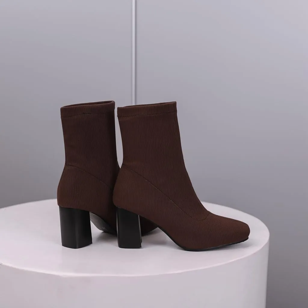 Women's Retro Dressy Stretch Fabric Ankle Boots Square Toe Florals Chunky Mid Heel Dressy Short Booties